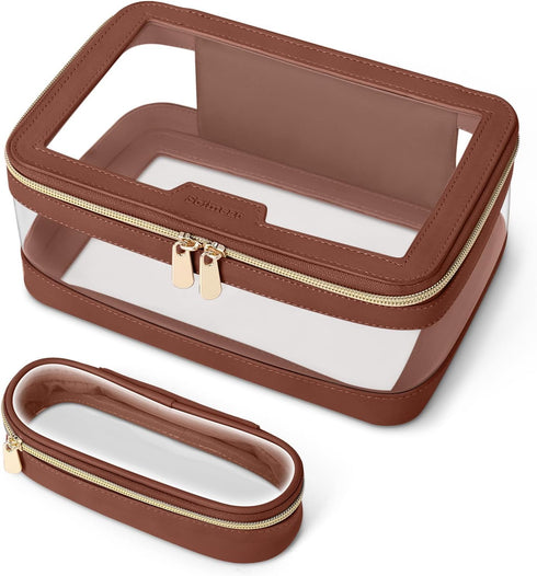 Travel Clear Makeup Bag with Brush Bag, Portable Waterproof Cosmetic Organizer Storage Bag for Women, Brown