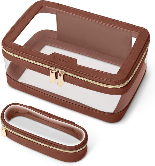 Travel Clear Makeup Bag with Brush Bag, Portable Waterproof Cosmetic Organizer Storage Bag for Women, Brown
