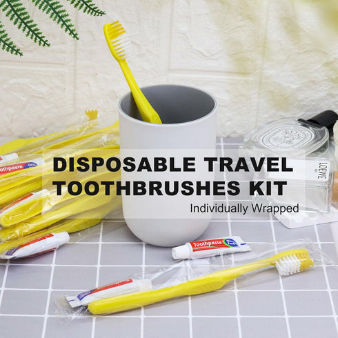 Toothpaste,100 Pack Disposable Toothbrushes with Yellow Hollow Individually Wrapped Disposable Travel Toothbrushes Kit