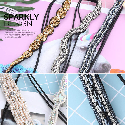 Teenitor 5pcs Rhinestone Beaded Headbands, No Slip Jeweled Hair Wraps for Women and Girls