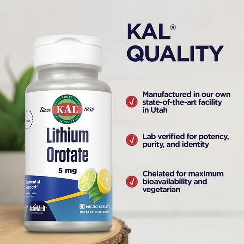 KAL Lithium Orotate ActivMelt 90 Micro Tablets, 5mg for Healthy Mood Support, Natural Lemon Lime Flavor