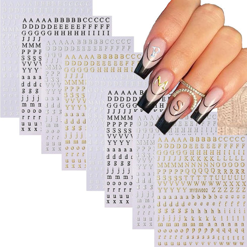 Letters Nail Art Stickers, English Alphabet 3D Self-Adhesive Metallic Gold Silver Decals for DIY Manicure Supplies