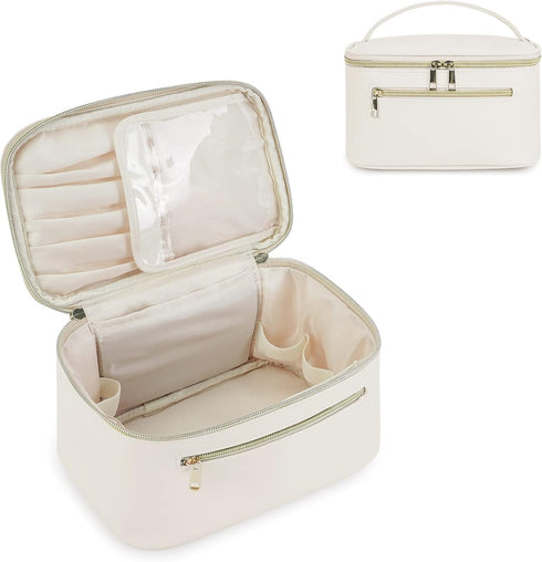 Wandering Nature Makeup Bag, Travel Makeup Organizer in Eco Vegan Leather, Milky White (Patent Pending)