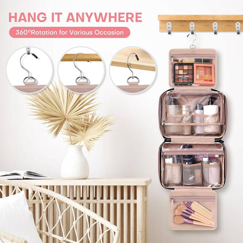 Travel Toiletry Bag for Women, Portable Makeup Cosmetic Organizer with Hanging Hook, 3 in 1 Packing Organizer