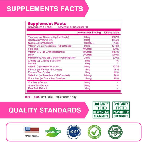 Lovita High Potent Vitamin B Complex for Women, 30 Vegetarian Tablets with Timed Release, Iron & Vitamin C