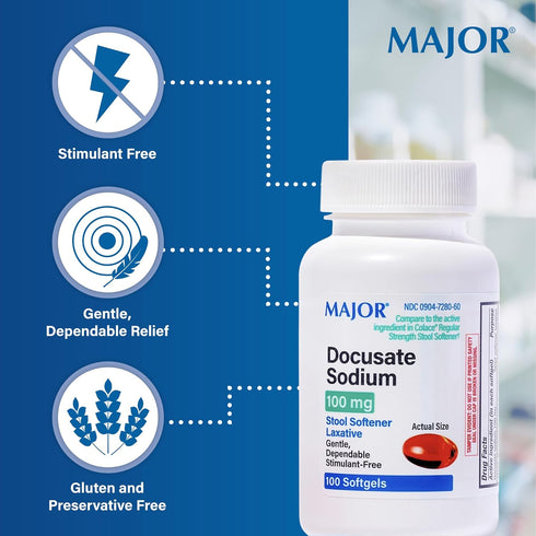 MAJOR Docusate Sodium 100 mg - Stool Softener Laxative Softgels for Constipation Relief, 100 Count (2 Pack)