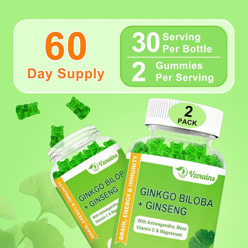Ginkgo Biloba Gummies 2 Pack with Ginseng Maca Root & Magnesium - Organic Brain Focus Energy Mood Memory Supplements