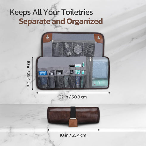 Toiletry Bag for Men - Water-Resistant Compact Travel Organizer for Hygiene, Shaving Kit, Chic Brown (PU Leather)