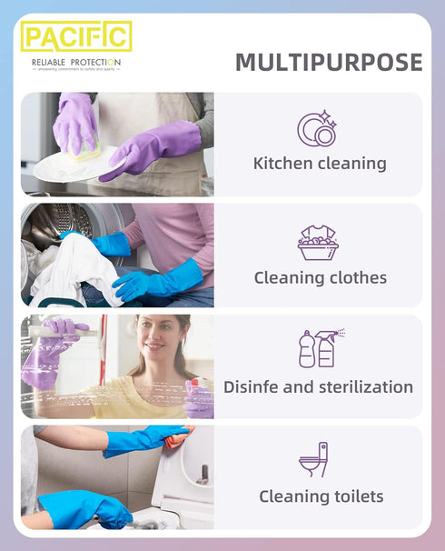 PACIFIC PPE 2 Pairs Dishwashing Cleaning Gloves, Latex Free with Cotton Lining, Large (Purple+Blue)