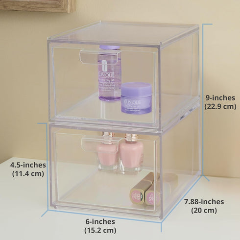 STORi Audrey Stackable Clear Bin Plastic Organizer Drawers | 2 Piece Set | Organize Cosmetics and Beauty Supplies on