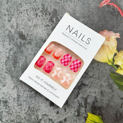 Short Square Press on Nails - Pink Fake Nails with French Tips, Rainbow Colorful Flower Heart Lattice Pattern, Summer