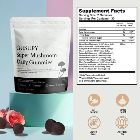 GUSUPY Gummies 12 60 Gummies Lions Mane Mushroom Supplement - Organic Mushroom Blend with Cordyceps, Reishi, Chaga