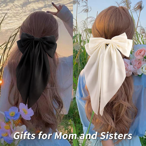 VELSCRUN Hair Bows for Women - 3Pcs Big Hair Clips in White, Black, Brown - Silky Satin Hair Barrettes for Long Hair