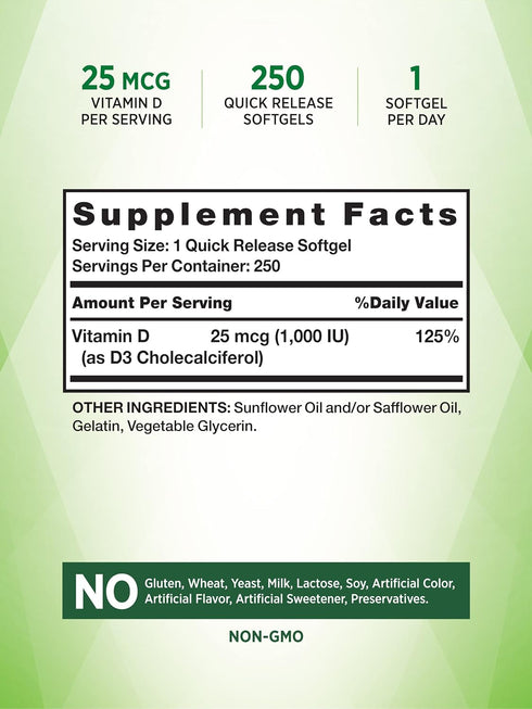 D3 1000 IU | 250 Softgels | Essential Vitamin D | Non-GMO & Gluten Free High Potency Supplement | by Nature's Truth