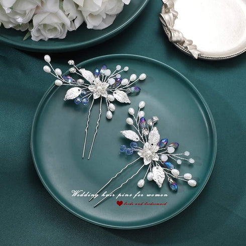 Heread Flower Wedding Hair Pins for Bride, Blue Rhinestones, Silver Pearl Hair Accessories, Pack of 2