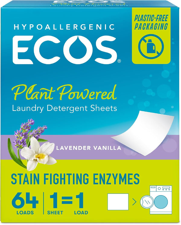 ECOS Laundry Detergent Sheets, Vegan, No Plastic Jug, Liquid Free, Lavender Vanilla, 64 Sheets