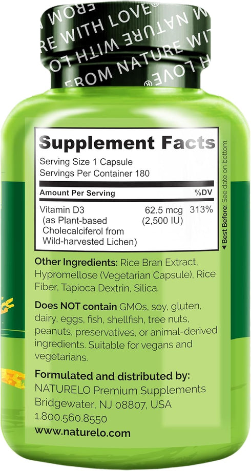 NATURELO Vitamin D 2500 IU - Plant Based from Lichen, Natural D3 Supplement for Immune System & Bone Support (180 Mini