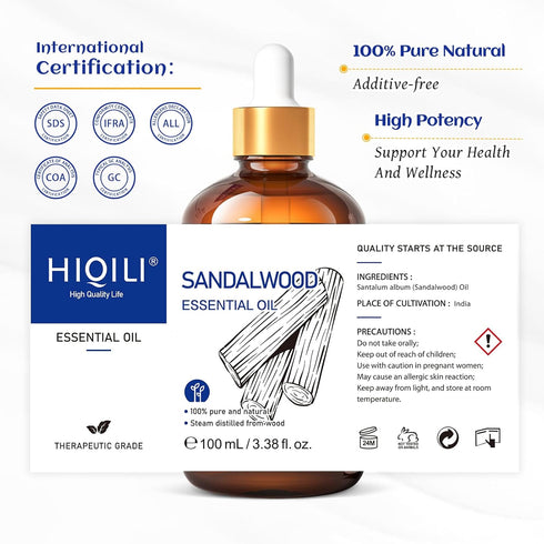 HIQILI Sandalwood Essential Oils, Long-Lasting Scent for Perfume, Diffuser, Soap Making - 3.38 Fl Oz