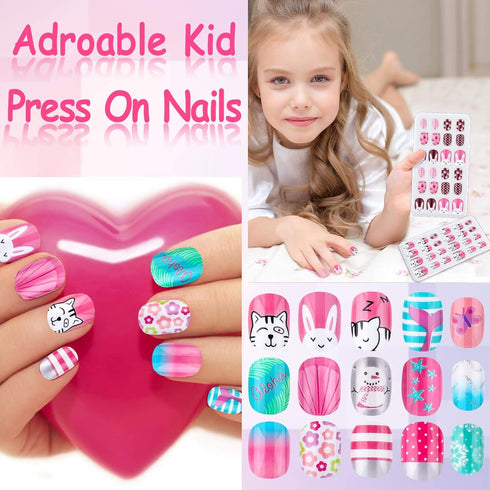 Kids Press on Nails, Thrilez 144Pcs Girls False Nails, Pre Glue Stick on Short Nails Decoration Gift for Ages 7-12