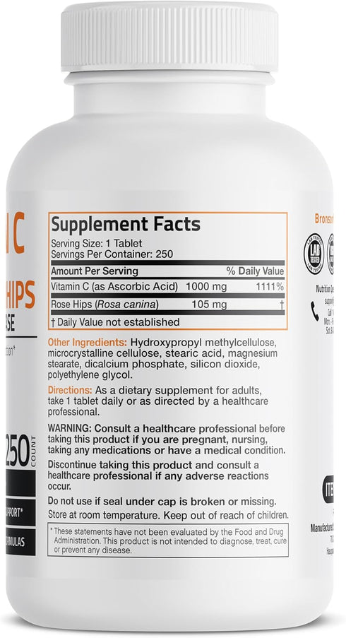 Bronson Vitamin C 1000 mg with Rose HIPS, Sustained Release, 250 Tablets