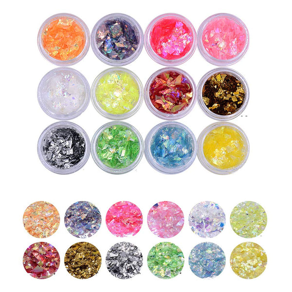 Nail Art Glitter Mylar Slices - Irregular Sequins Glass Pieces Foil Flakes Decoration, 12 Colors
