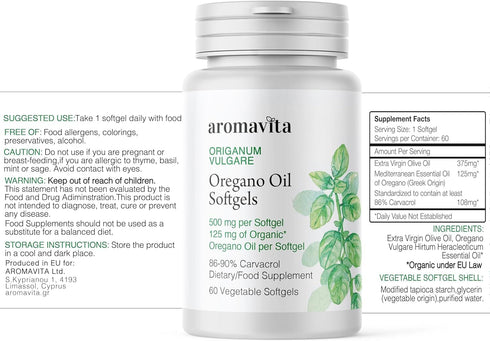 Organic Oregano Oil Capsules, 108mg Carvacrol per Softgel, High Potency Immune & Digestive Support, 60 Softgels