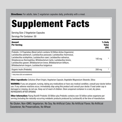 Piping Rock Probiotics with Prebiotics | 100 Vegetarian Capsules | 14 Strains 50 Billion Organisms | Non-GMO, Gluten Free Supplement