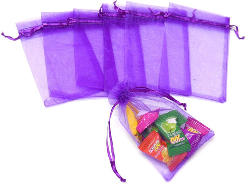 50Pcs Purple Organza Bags, 3x4 Inch Small Mesh Gift Bags, Drawstring Halloween Candy Treat Pouches
