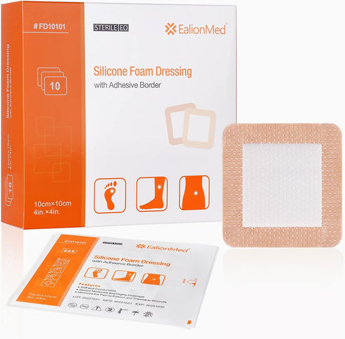 EalionMed Silicone Foam Dressing with Gentle Adhesive Border, 4''x4'', 10 Pack for Bed Sore Wound Bandage