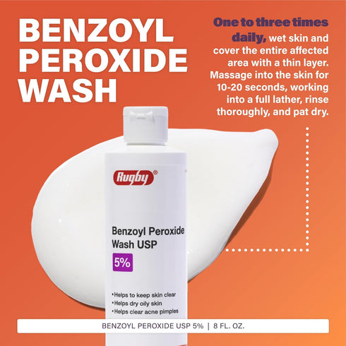 Rugby Benzoyl Peroxide Wash USP 5% - Acne Medication for Clear Skin, 8 Fl. Oz.
