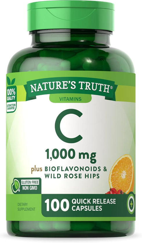 Nature's Truth Vitamin C 1000mg, 100 Capsules, with Wild Rose HIPS & Bioflavonoids, Non-GMO & Gluten Free