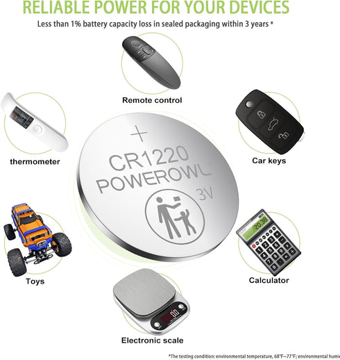POWEROWL CR1220 (15-Pack) 3v 10 High Capacity Battery Lithium Batteries, Years Leak-Free