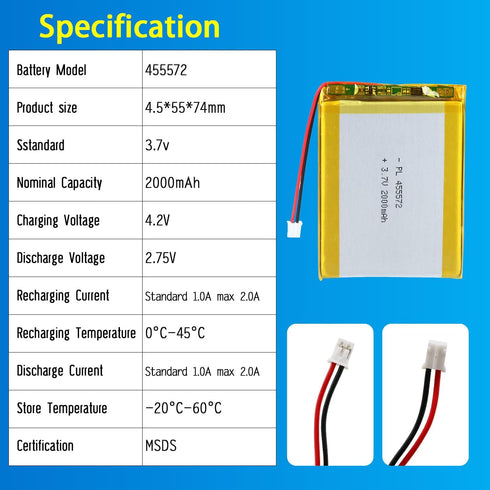 455572 3.7V Lipo Battery 2000mAh Rechargeable Lithium Polymer Pack with JST PH2.0mm Connector for Electronics