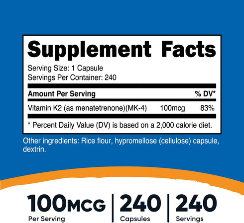 Nutricost Vitamin K2 (MK4) 240 Capsules (100mcg) - Gluten Free and Non-GMO