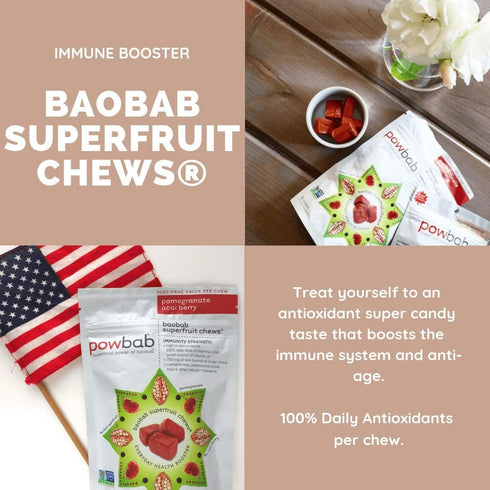 Baobab Superfruit Chews, 750mg Raw Organic Powder, Immune Superfood Supplement, 100% Antioxidants, 30 Chews