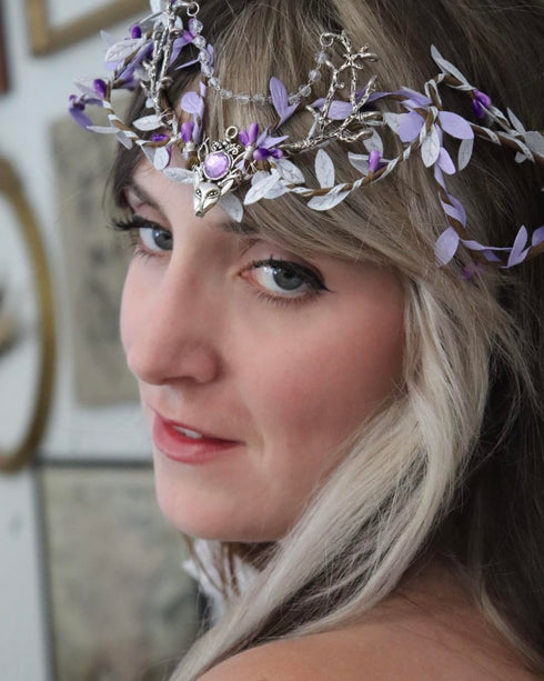 MOSTORY Handmade Purple Woodland Fairy Headpiece, Elf Crown with Rhinestone for Cosplay