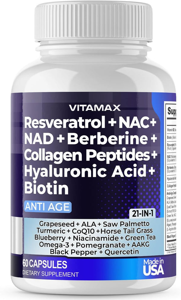 Resveratrol NAD+ Berberine Hyaluronic Acid Biotin Grape & Blueberry + NAC Collagen Peptides Supplement for Hair, Skin,