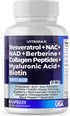 Resveratrol NAD+ Berberine Hyaluronic Acid Biotin Grape & Blueberry + NAC Collagen Peptides Supplement for Hair, Skin,