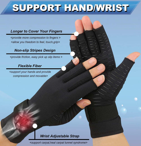 2 Pairs Copper Arthritis Gloves for Carpal Tunnel Pain Relief, Fingerless Compression Gloves for Rheumatoid Women/Men