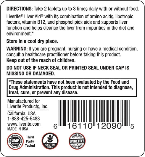 LIVERITE 60 Liver Aid Tablets, Supports Healthy Liver Function, Cleansing, Energy & Daily Wellness