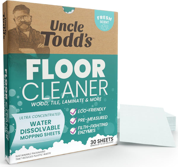 Uncle Todd's Ultra Concentrated Floor Cleaner, 30 Dissolvable Sheets, Plastic-Free Packaging, Just Drop & Mop
