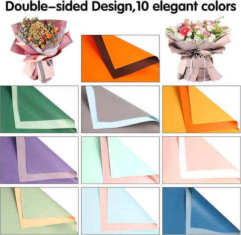 FOIMAS 20 Sheets Flower Wrapping Paper,Double-sided Waterproof Florist Bouquet Wrapping Paper Supplies for Floral Gift Packaging Craft Supply,10 Colors