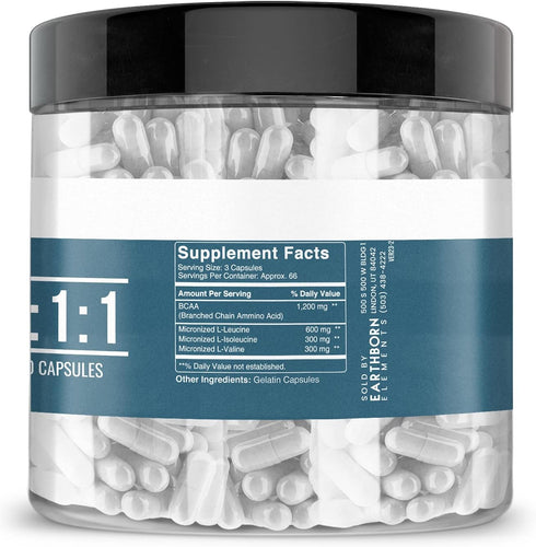Earthborn Elements BCAA, 200 Capsules, Pure & Undiluted, No Additives