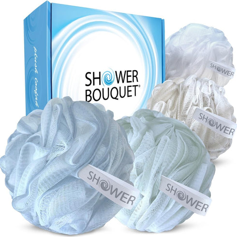 SHOWER BOUQUET XL Soft-Pastel-Colors Loofah-Bath-Sponge 4-Pack, Extra-Large 75g Mesh Luffa Set for Exfoliating