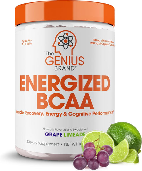 Genius BCAA Energy Powder, Grape Limeade, Nootropic Amino Acids & Muscle Recovery, Vegan Workout Supplement