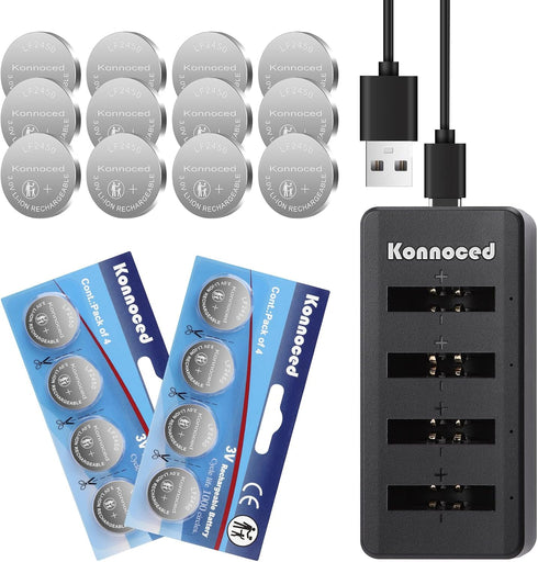 Konnoced LF2450 3V Rechargeable ButtonBatteries (20 Pack) with 4-Bay USBCharger, LF2450/CR2450 Lithium CoinBatteries,