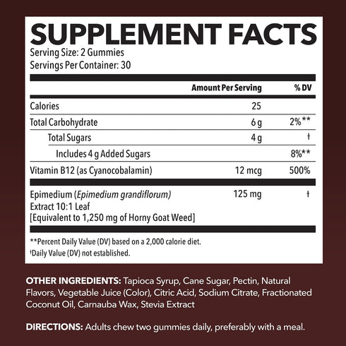 Horny Goat Weed Gummies with Vitamin B12 | Energy, Endurance & Performance Support for Men and Women | Enhanced with B12 Vitamins for Mood & Male Health Support | 60 Raspberry Vegan Gummies