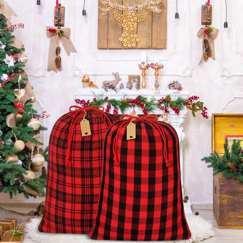 HRX Package 2 Pcs Cotton Santa Bag, 28x20 Inch Plaid Fabric Drawstring Christmas Bags with Gift Tag