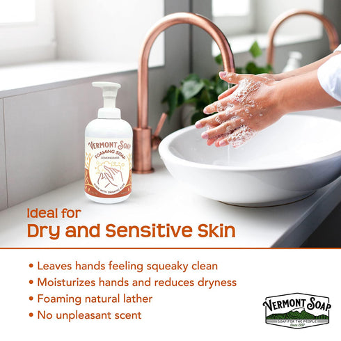 VERMONT SOAP Organic Lemongrass Zen Foaming Hand Soap, Natural Moisturizing Liquid Soap for Dry Skin - 12 oz