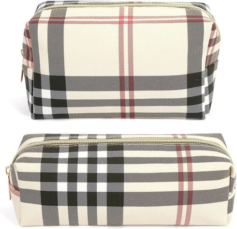 MAANGE Small Makeup Bag for Purse, 2 PCS Leather Travel Pouch, Portable Zipper Makeup Brushes Bag - Khaki Plaid